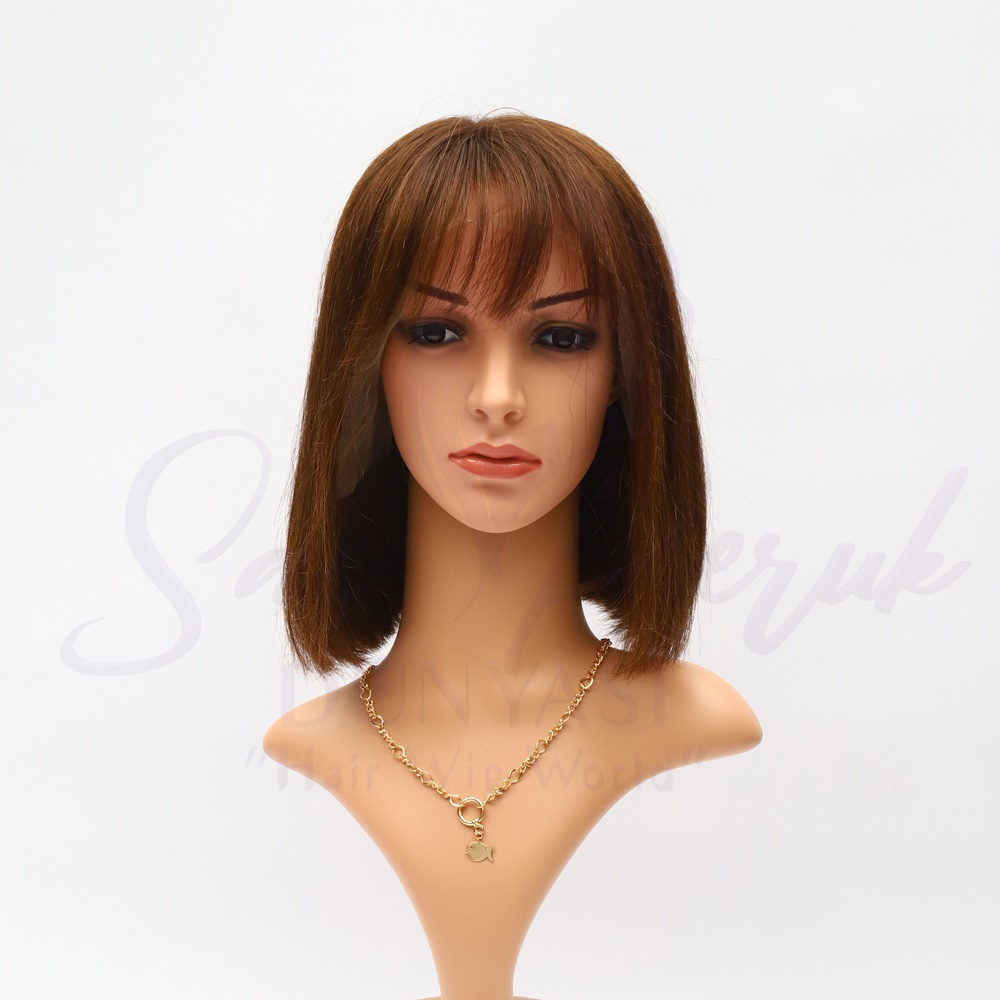 Tulle Wig Real Hair Short Length Brown