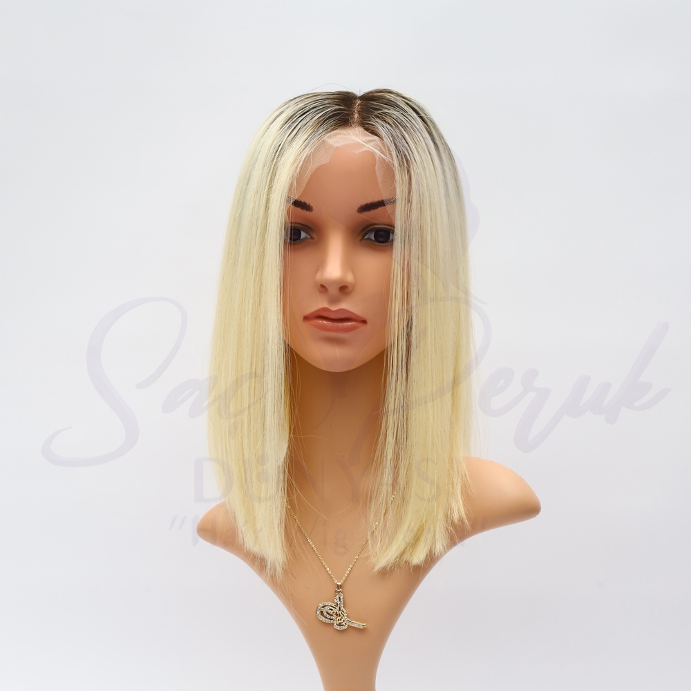 Tulle Wig Real Hair Short Length Ombre Platinum